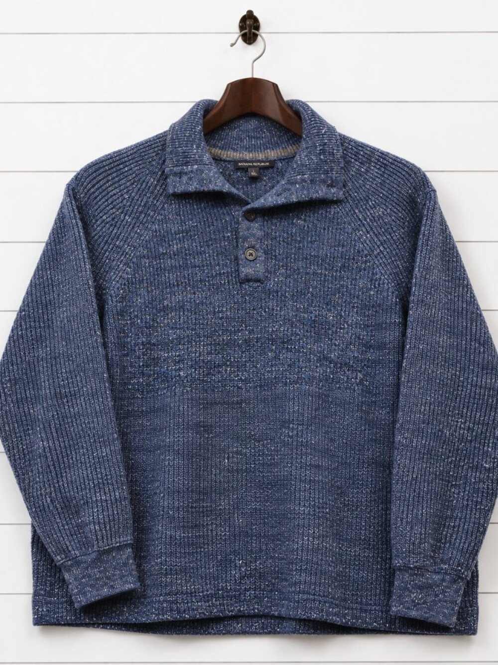 Banana Republic Blue Wool Linen Shawl Collar Sweater Large Preppy Heritage
